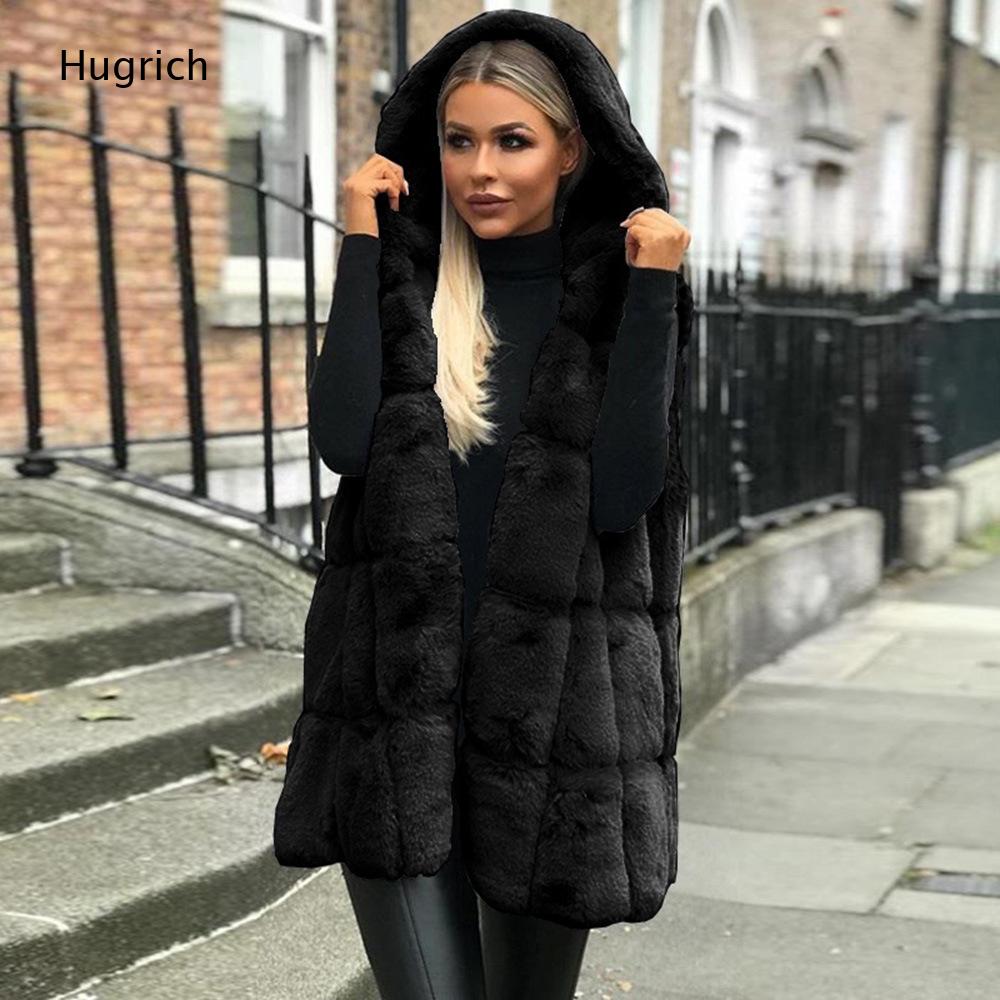 Women'S Fashion Gilet - เสื้อกั๊กผู้หญิงสีน้ำตาลขนเฟอร์เทียมมีฮู้ด แขนกุด ตัดต่อผ้า ความยาวปานกลาง ทรงหลวม ให้ความอบอุ่นสำหรับฤดูหนาว