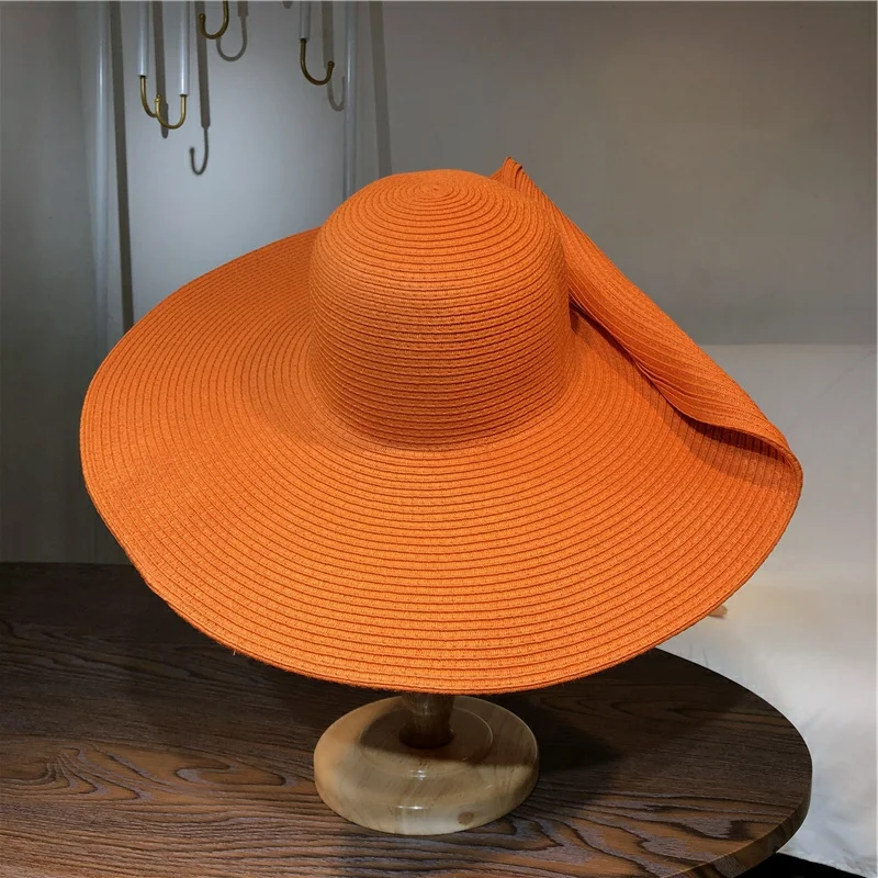 Straw Hat Summer - หมวกฟางสีส้ม 25 ซม. หมวกปีกกว้างพิเศษ หมวกกันแดด หมวกกันแดดฤดูร้อนบางเฉียบ