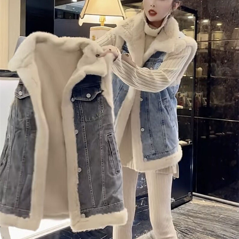 Women'S Fashion Gilet - เสื้อกั๊กขนแกะสำหรับผู้หญิง เสื้อแจ็คเก็ตผ้าเดนิมบุขนแกะแบบไม่มีแขน แฟชั่นฤดูใบไม้ร่วงฤดูหนาว เสื้อกั๊กแบบสบายๆ สำหรับผู้หญิง เสื้อกั๊กหนา