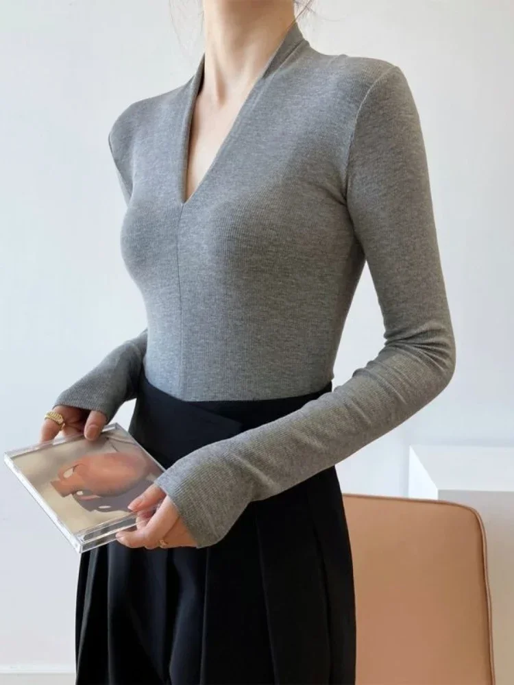 Women'S Fashion For 2026 - เสื้อเชิ้ตคอวีทรงเข้ารูป แขนยาว เสื้อผู้หญิงสวยหรู เสื้อเบลาส์เรียบหรู เซ็กซี่ เสื้อสายเดี่ยว