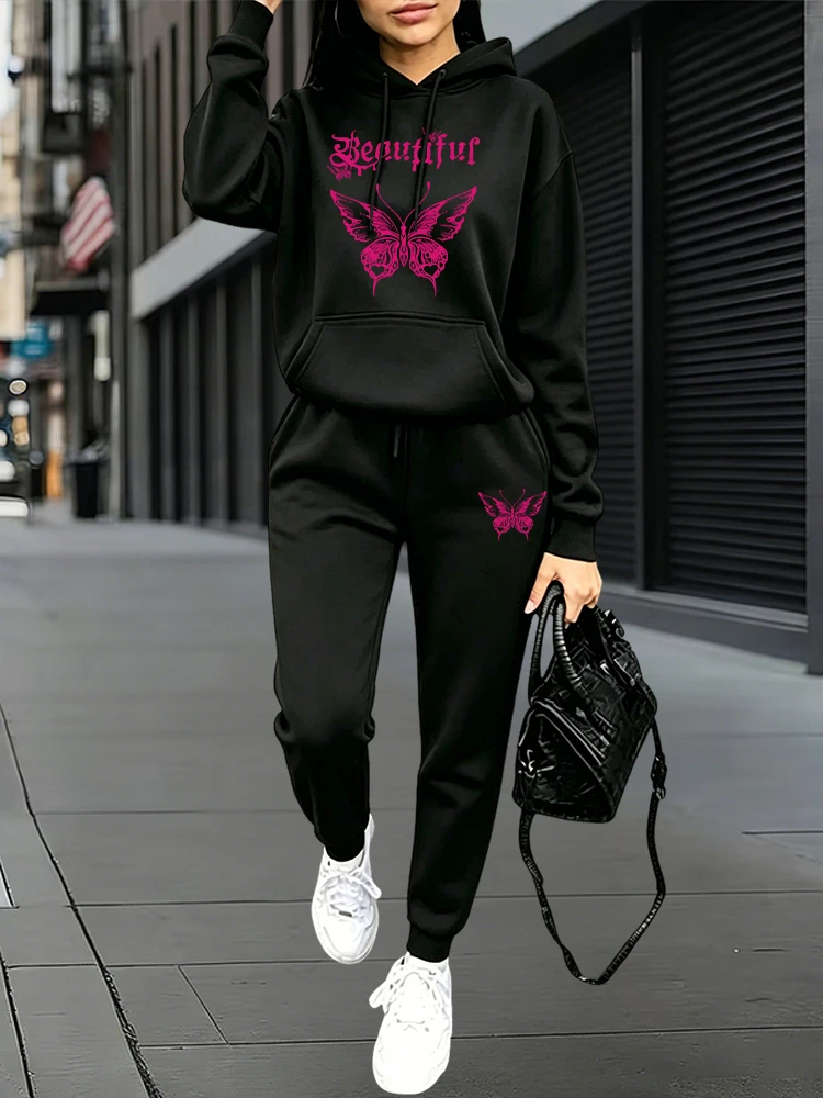 Women'S Fashion For 2026 - ชุดลำลองสำหรับฤดูใบไม้ร่วงและฤดูหนาว ชุดกีฬาแบบจ็อกเกอร์ เสื้อฮู้ด + กางเกงสเวตแพนท์ ชุดใส่สบายสำหรับอยู่บ้านและนอกบ้าน