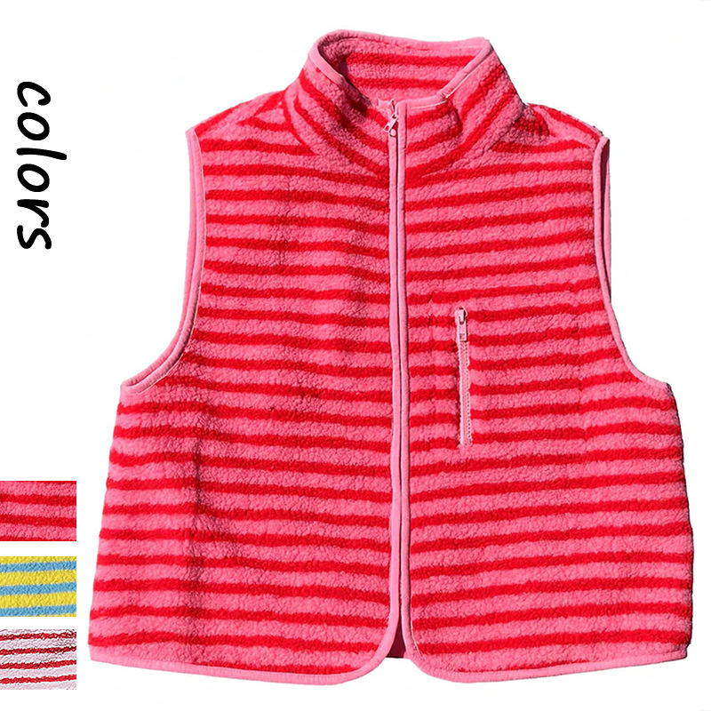 Women'S Fashion Gilet - เสื้อกั๊กหรูหราบุขนเชอร์ปา ผ้าพลัฌหลากสี ลายทางถักแบบเปิดด้านหน้า ไม่มีแขน บุฉนวนกันหนาว
