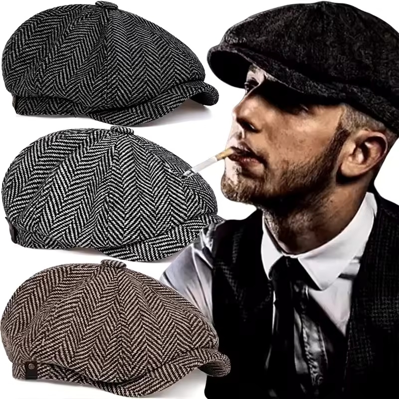 Women'S Fashion Peaky Blinders - หมวกแฟชั่นทวีดสไตล์พีคกี้ ไบลน์เดอร์ส หมวกทรงนิวส์บอย หมวกทรงแบนลายเฮอร์ริงโบนสำหรับผู้ชายและผู้หญิง หมวกสไตล์อังกฤษสำหรับจิตรกร หมวกนุ่มสำหรับฤดูใบไม้ผลิและฤดูใบไม้ร่วง