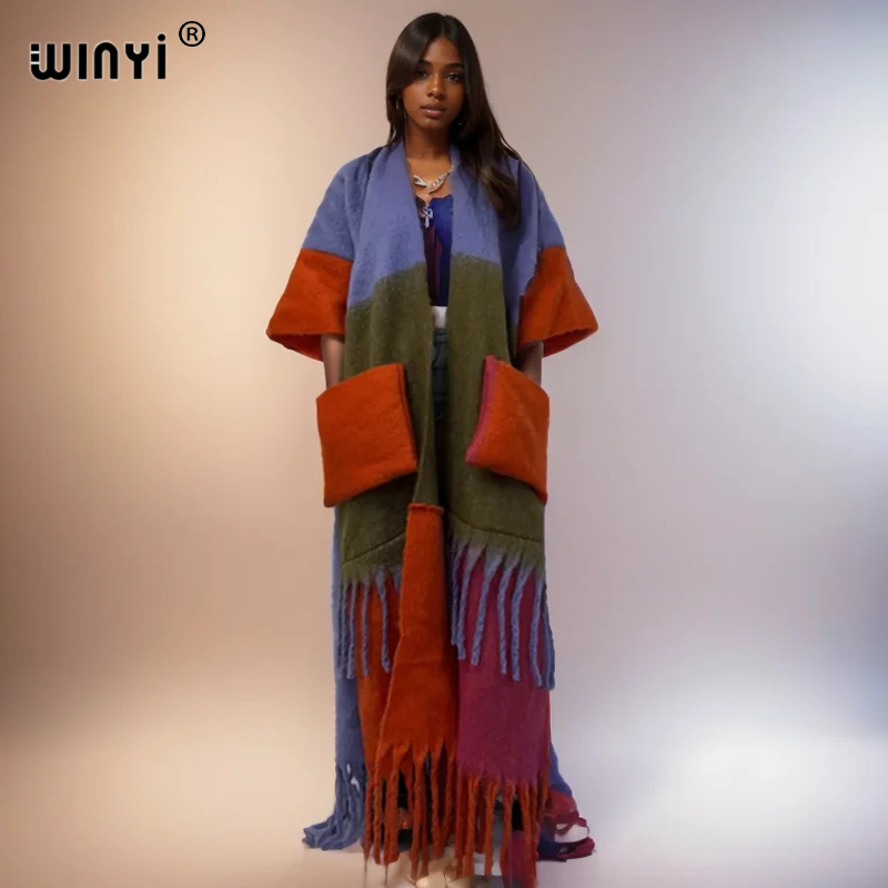Women'S Fashion Kimono - Winyi เสื้อโค้ทดีไซน์มีกระเป๋าสำหรับผู้หญิงเสื้อคลุมคาร์ดิแกนฤดูหนาว gaun modis ชุดอาบายาให้ความอบอุ่นหนาสำหรับผู้หญิง