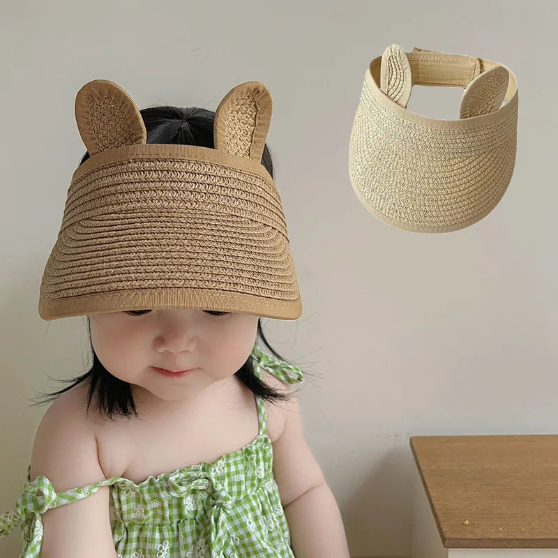 Straw Hat Summer - Ins สไตล์เกาหลีสาวฤดูร้อนหมวกกันแดดสําหรับทารกระบายอากาศไม่มีหมวกฟางด้านบนออกแบบหมีน่ารักป้องกันแสงแดดสําหรับทารกอายุ 1 ปี