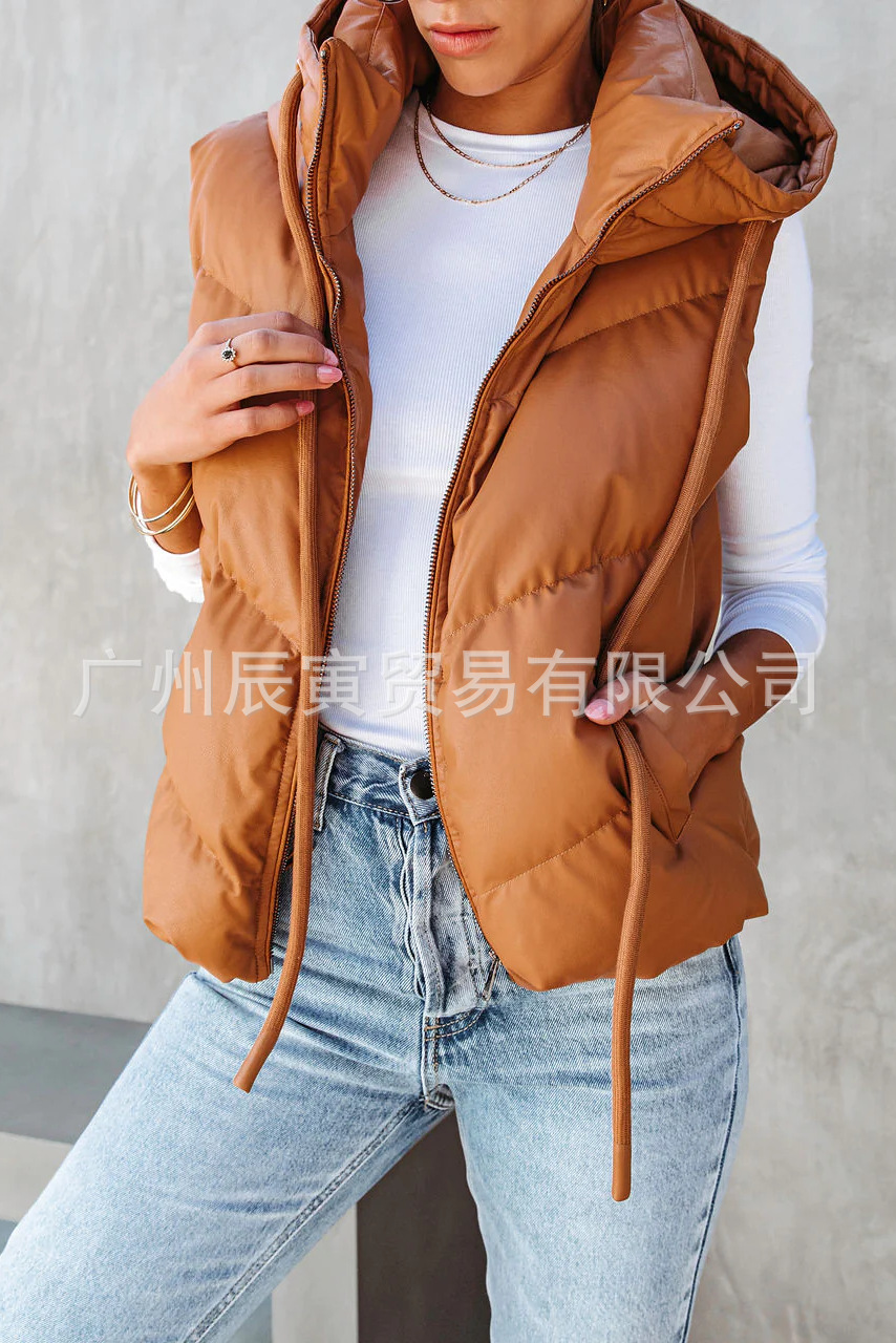 Women'S Fashion Gilet - เสื้อกั๊กมีฮู้ดสีทึบสำหรับผู้หญิง เสื้อกั๊กแขนกุดแบบสั้นทรงหลวม หนา อบอุ่น สวมใส่สบาย เหมาะสำหรับการเดินทาง
