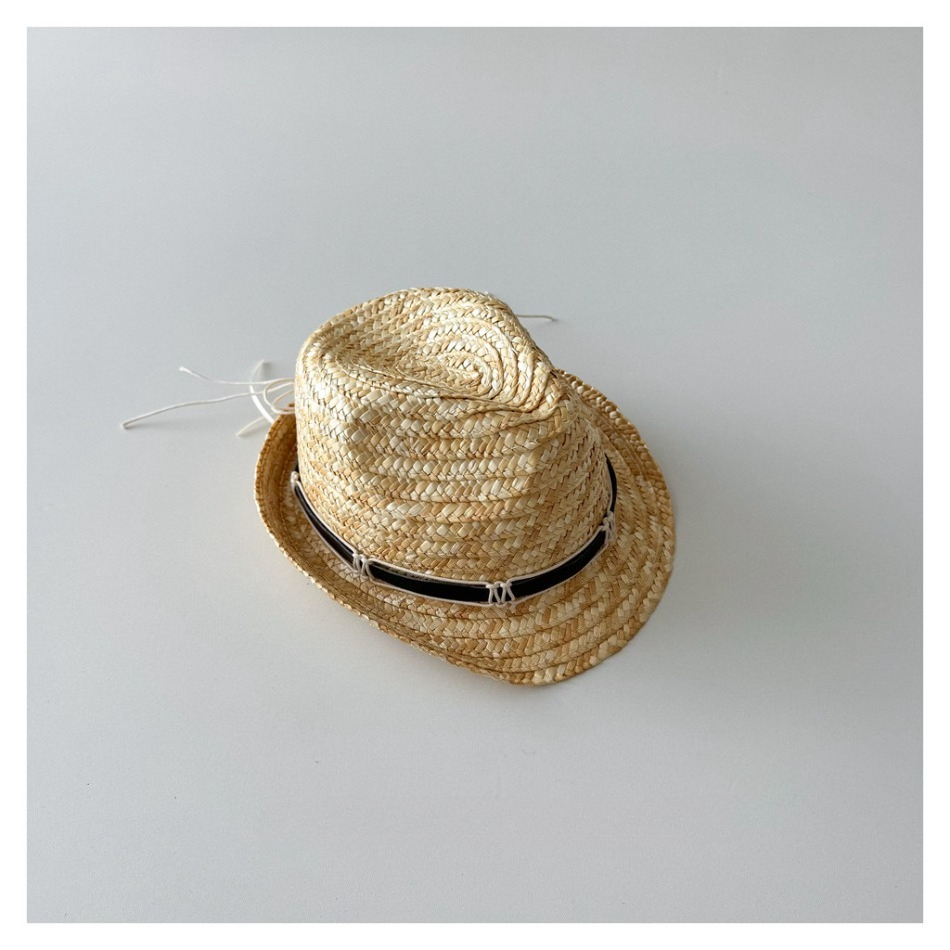 Straw Hat Summer - หมวกฟีโดราฟางธรรมชาติสำหรับเด็ก พร้อมริบบิ้นสีดำ หมวกกันแดดระบายอากาศได้ดี สำหรับเด็กผู้ชายและเด็กผู้หญิง หมวกกันแดดสำหรับฤดูร้อนกลางแจ้ง BT14