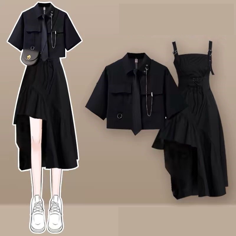 Belted Shirt Dress - ชุดเซ็ตแฟชั่นฤดูร้อนปี 2026 สำหรับผู้หญิง ดีไซน์เก๋ไก๋สไตล์เกาหลี เสื้อแขนสั้น+กระโปรงสายเดี่ยว ชุดสองชิ้น