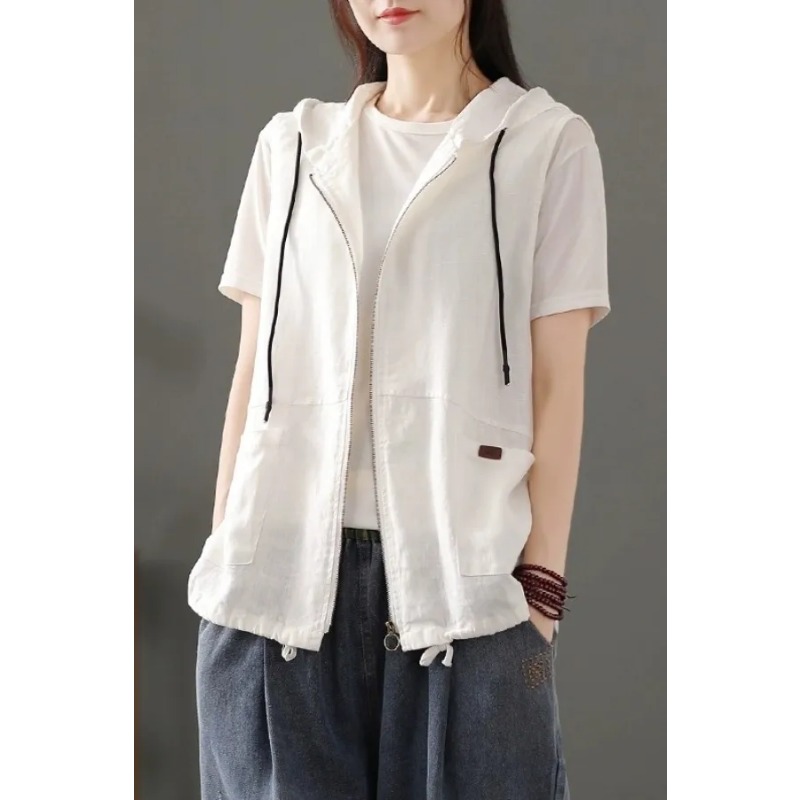 Women'S Fashion Gilet - เสื้อกั๊กผู้หญิงสีขาวผ้าลินินผสมแบบมีฮู้ด แขนกุด ซิปหน้า มีกระเป๋าแบบรูดเชือก