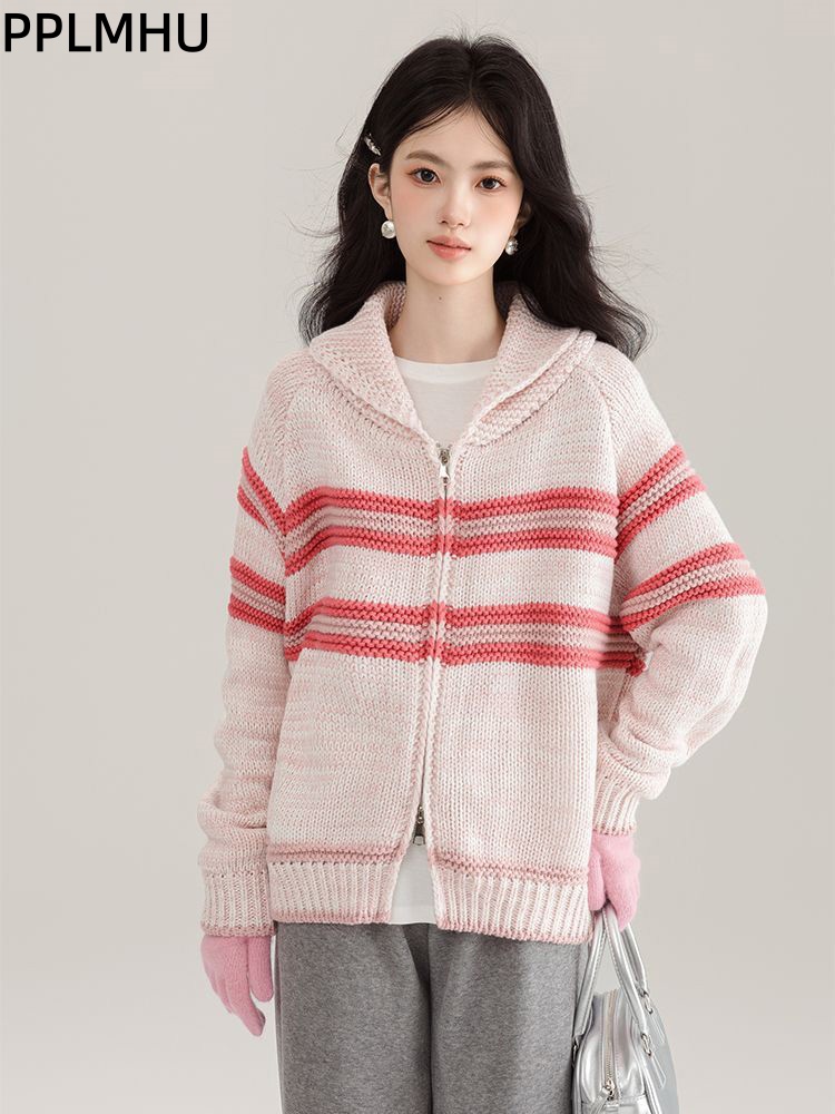 Women'S Fashion Gilet - เสื้อคาร์ดิแกนถักลายทาง ปกพับได้ สไตล์เกาหลี ทรงหลวม ซิปหน้า เนื้อผ้านุ่ม
