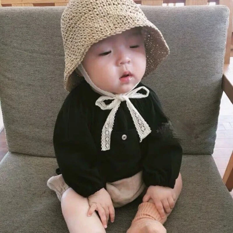 Straw Hat Summer - หมวกฟางเด็กผู้ชายผู้หญิงสไตล์เกาหลีสำหรับฤดูร้อน สายรัดลูกไม้ ถักโครเชต์ ทำมือ พับได้ ป้องกันแสงแดด