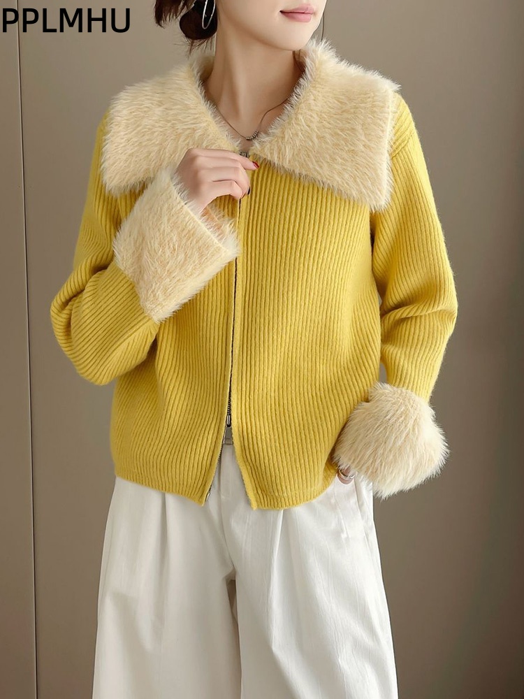Women'S Fashion Gilet - เสื้อสเวตเตอร์ถักแบบมีซิป ปกพับได้ ตัดต่อผ้าถัก สไตล์ลำลองสำหรับผู้หญิง เสื้อคลุมคาร์ดิแกนทรงหลวม แฟชั่นเสื้อถักแขนยาวแบบสั้นและยาว