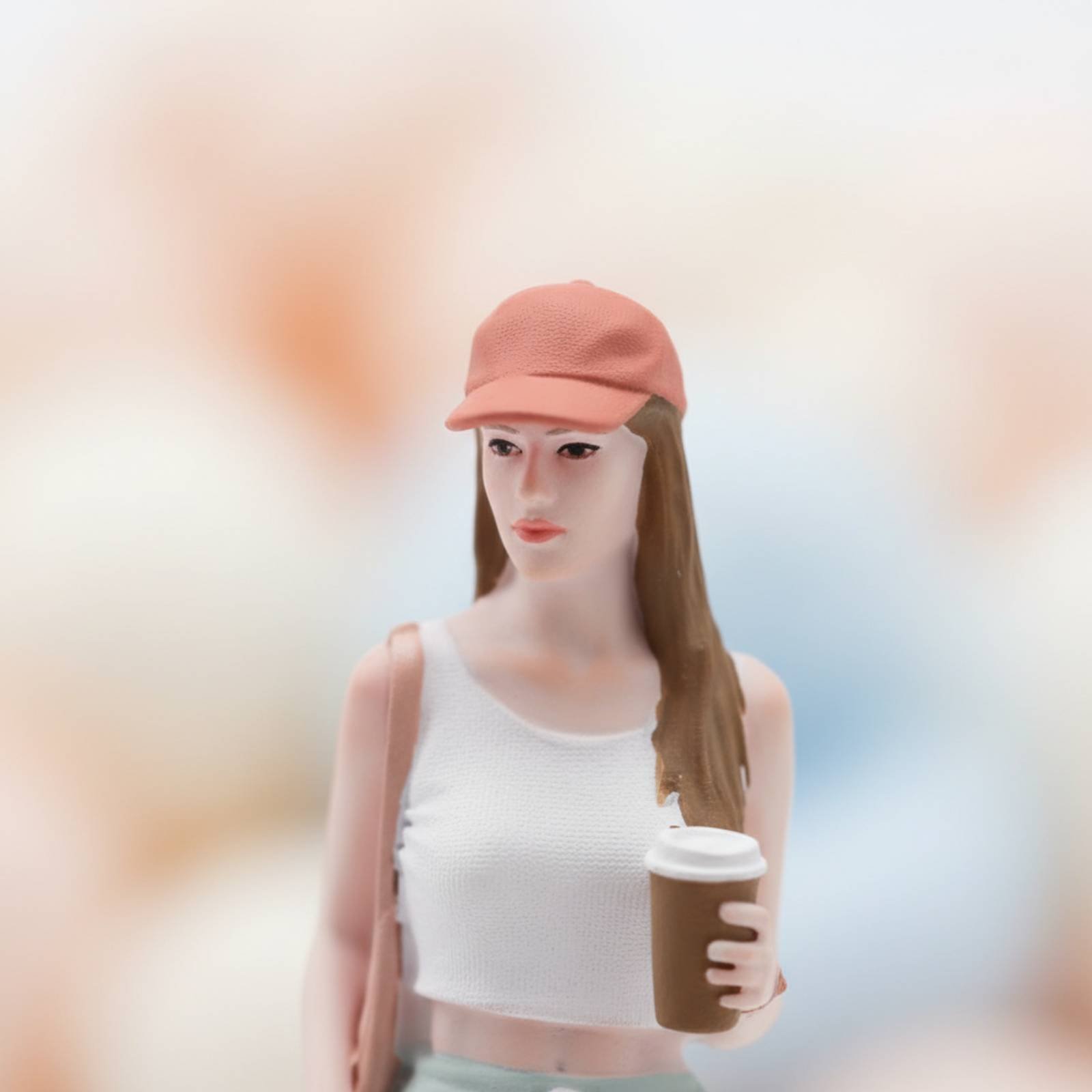 Women Fashion Pose - รูปปั้นเด็กผู้หญิงถือกาแฟ แฟชั่นสตรีทสีสันสดใส ของตกแต่งฉากจำลอง รูปปั้นผู้หญิงขนาดเล็ก ท่าทางสมจริง