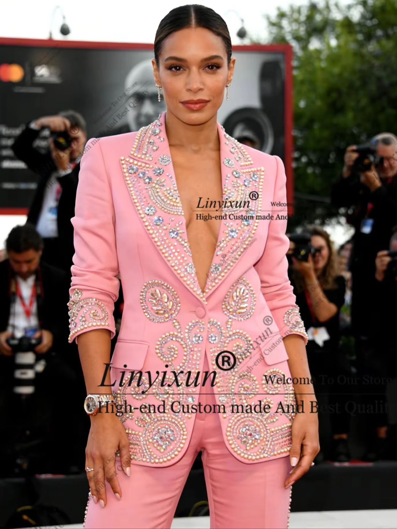 Women'S Fashion Blazer - ชุดสูทผู้หญิงประดับคริสตัลวิบวับ 2 ชิ้น แฟชั่นสั่งตัดได้ ปกแหลม ชุดลำลองเก๋ไก๋