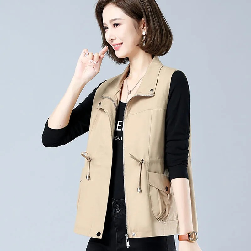 Women'S Fashion Gilet - เสื้อกั๊กคอตั้งน้ำหนักเบาสำหรับผู้หญิง พร้อมเชือกรัดเอว แบบไม่มีแขน ซิปหน้า มีกระเป๋า