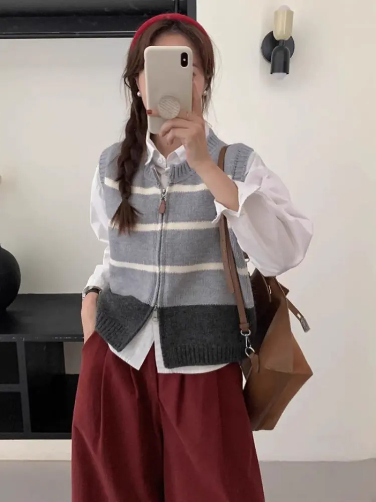 เสื้อคาร์ดิแกนถักลายทางแบบมีซิ - Women'S Fashion Gilet บทวิจารณ์และราคา